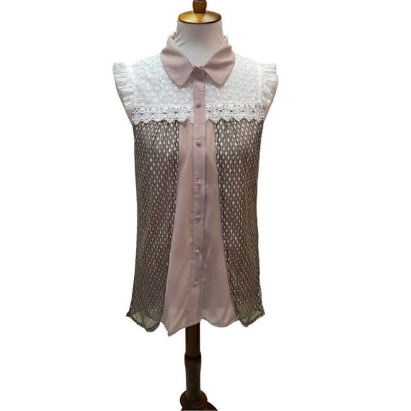 A’Reve Brown & Cream Colored Vintage Lace Style Sleeveless Button Front Blouse S - Picture 11 of 13